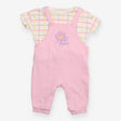 Dungarees pink with flower and checkered t-shirt