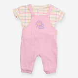 Dungarees pink with flower and checkered t-shirt