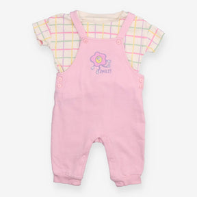 Dungarees pink with flower and checkered t-shirt