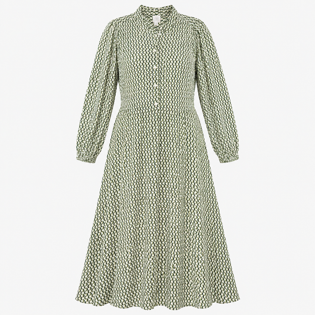 Geometric Wave Print Long Sleeve Shirt Dress Green