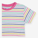 Tee SS white small coloured stripes pink neck