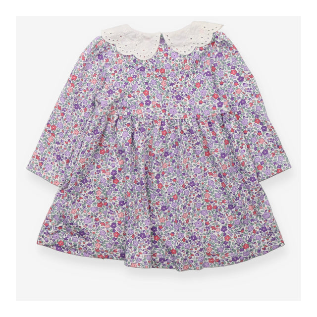 Dress LS purple ditsy white lace collar