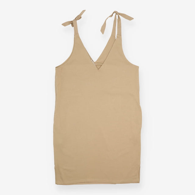 Tie Shoulder Dress Tan Organic Cotton Sleeveless
