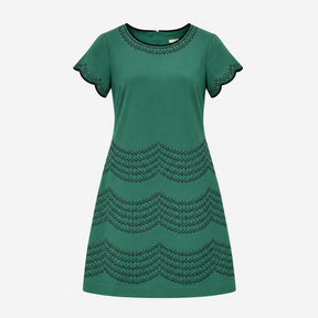 Teal Green Embroidered Scallop Sleeve Shift Dress