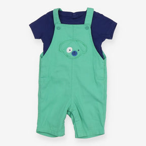 Outfit green dungarees navy blue SS tee