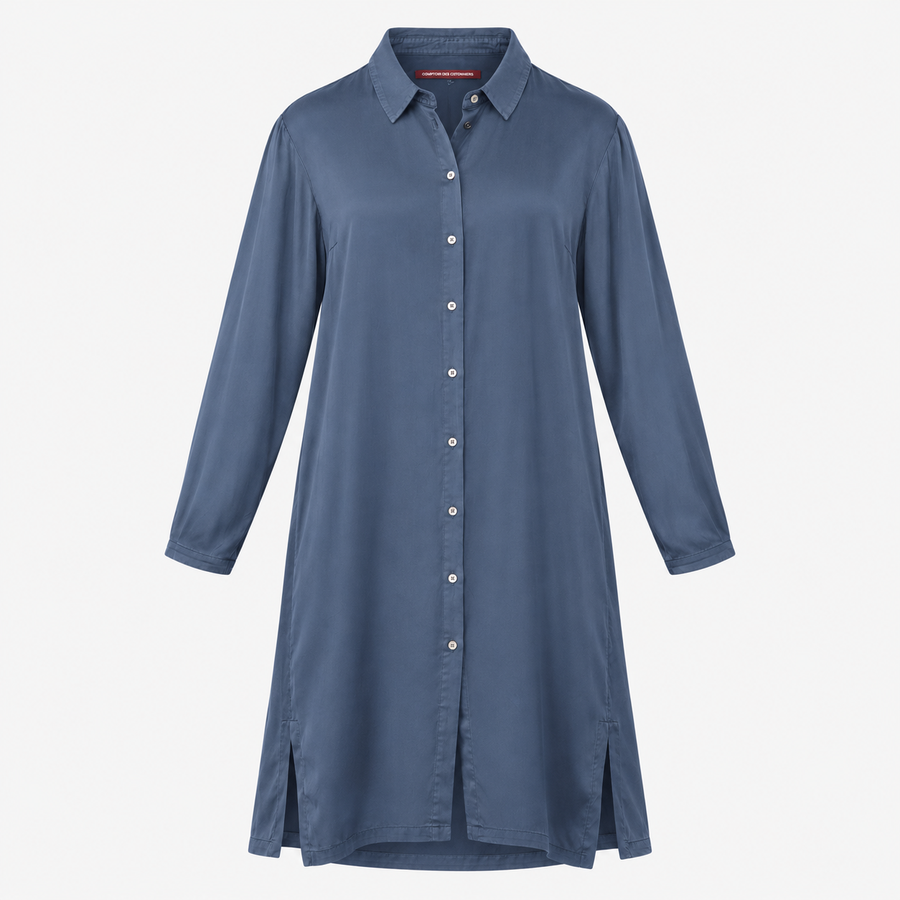Shirt Dress Navy Cupro Long Sleeve Button Front Mi