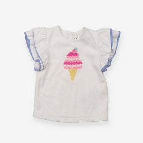 Short Sleeve White Ice Cream Top with Frill Sleeve