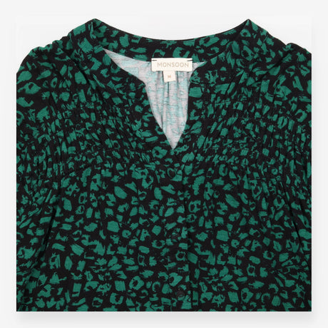 Blouse Green & Black Abstract Print Pintuck Long S