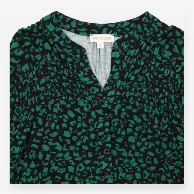 Blouse Green & Black Abstract Print Pintuck Long S