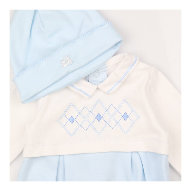 Outfit sleepsuit and hat blue and white embordered