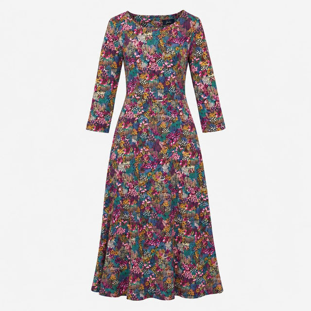 Dress Multi Floral Print Long Sleeve Midi Round Ne