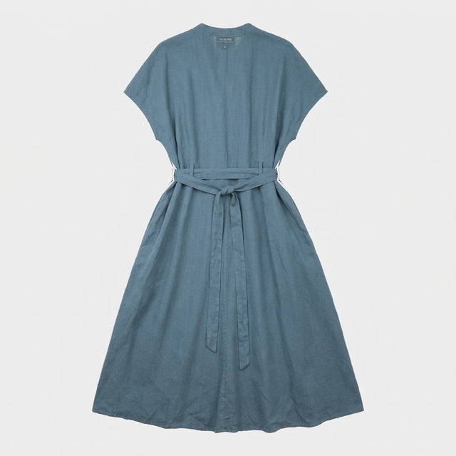 Midi Shirt Dress Teal Blue Linen V Neck Belted