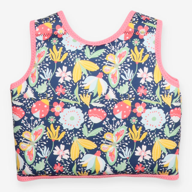 Swim vest with floats navy and yellow flowers prin