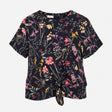 Top Short Sleeve Tie Front Floral Navy