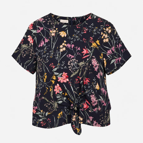 Top Short Sleeve Tie Front Floral Navy