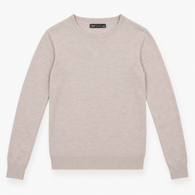Jumper Beige Taupe Fine Knit Crew Neck Long Sleeve