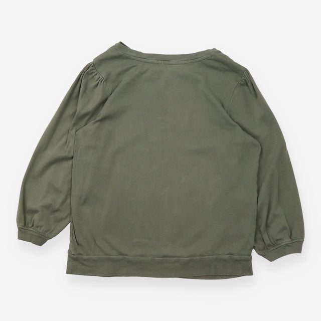 Top Khaki Olive Green Puff 3/4 Sleeve Crew Neck