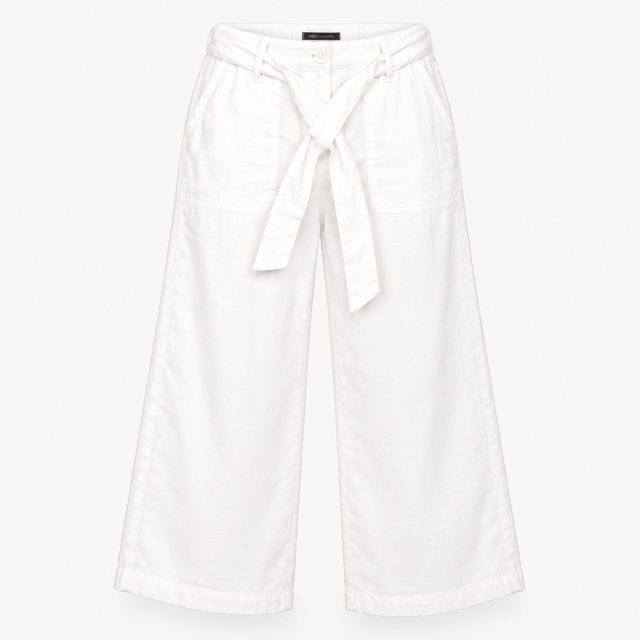 Trousers White Linen Wide Leg Belted