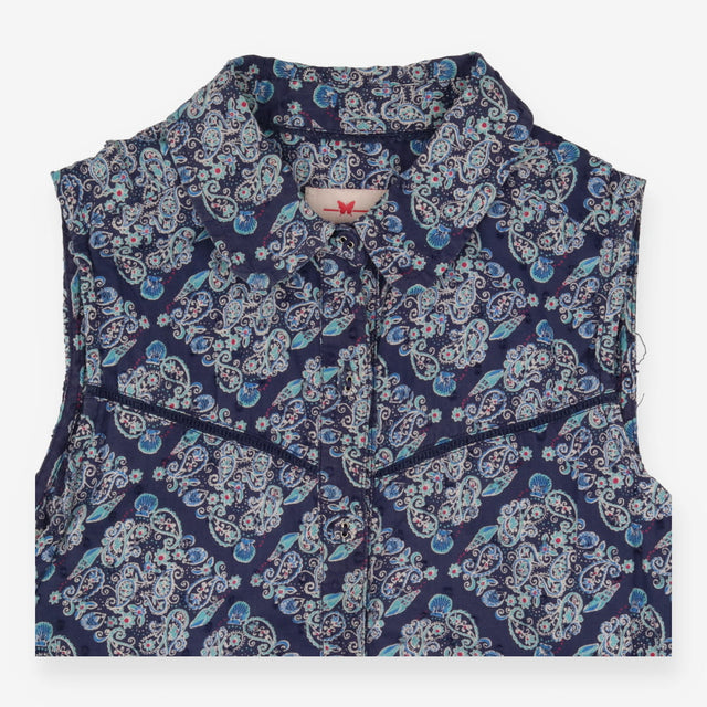 Shirt sleeveless blue paisley tie up
