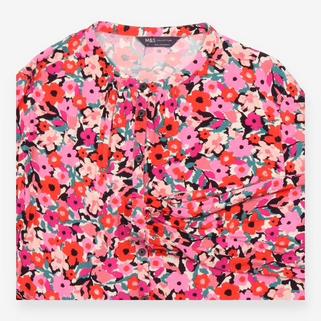 Midi Dress Pink Red Floral Print Button Front Tier