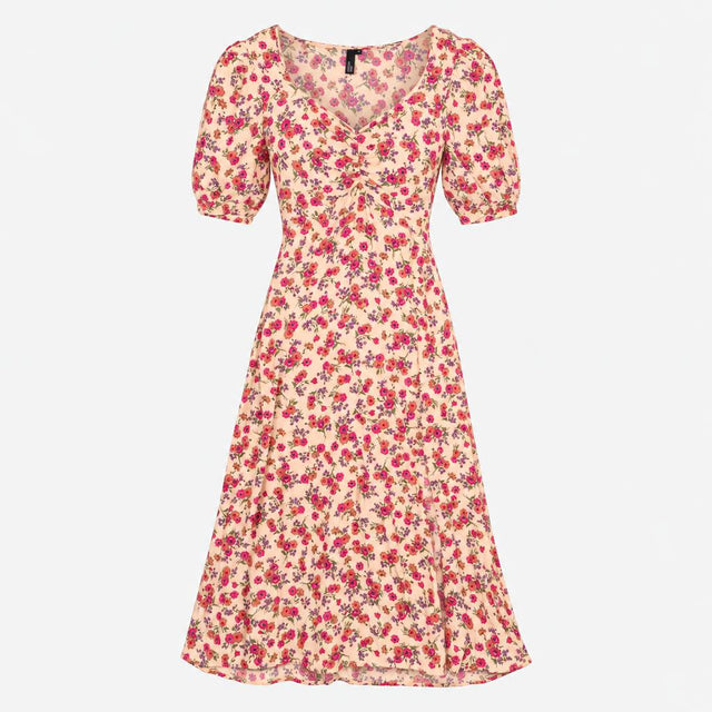 Dress Cream Multi Floral Puff Short Sleeve Sweethe