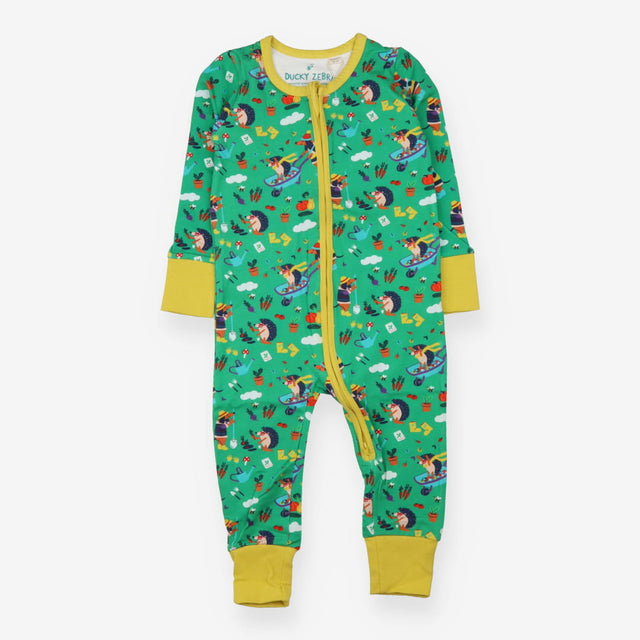 Sleepsuit with gardening dog and hedgehog