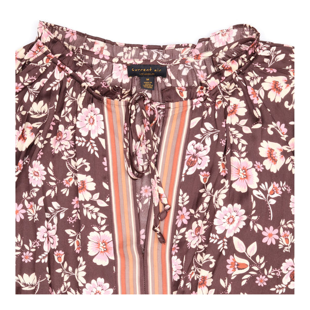 Midi Dress Brown Floral Pleated Smocked Waist Bord