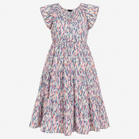Dress Printed White Mix Short Sleeve Midi Belted