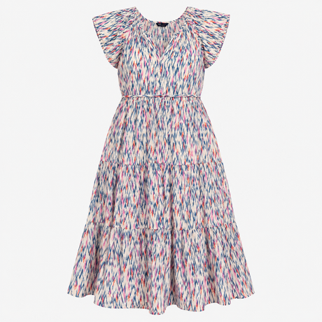 Dress Printed White Mix Short Sleeve Midi Belted