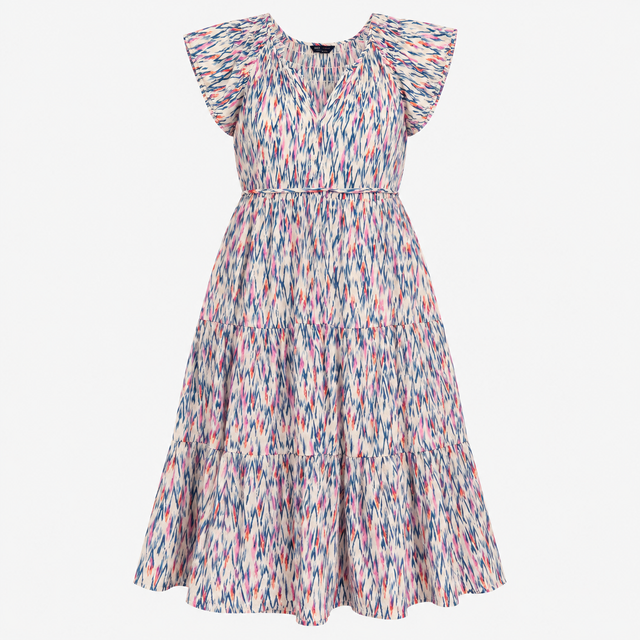 Dress Printed White Mix Short Sleeve Midi Belted