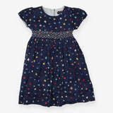 Dress navy smocked coloured birds 