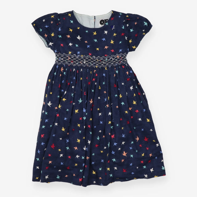 Dress navy smocked coloured birds 