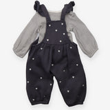 Outfit grey heart dungarees striped bodysuit LS