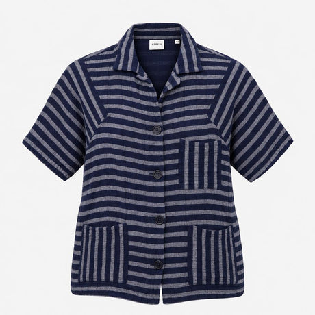 Shirt Short Sleeve Striped Textured Navy