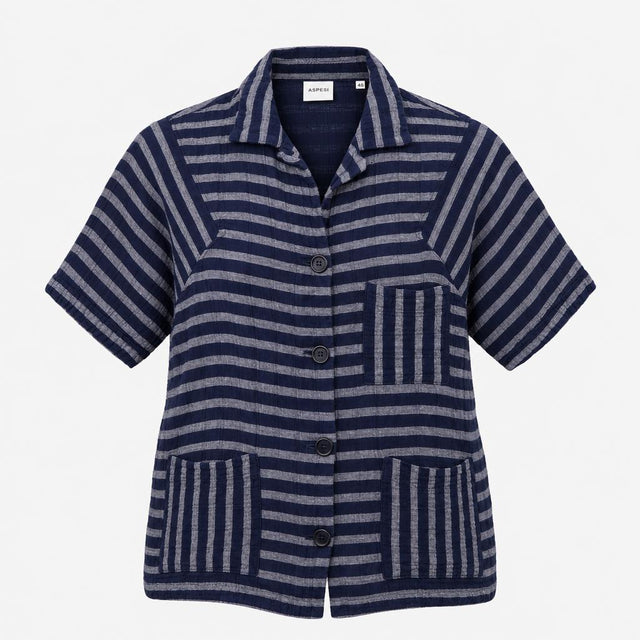 Shirt Short Sleeve Striped Textured Navy