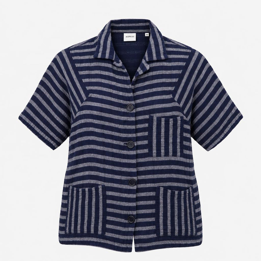 Shirt Short Sleeve Striped Textured Navy
