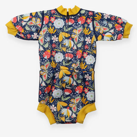 Wetsuit navy floral butterflies yellow cuffs