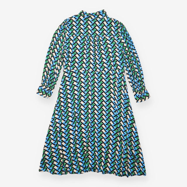 Shirt Dress Blue Green Geometric Print Midi