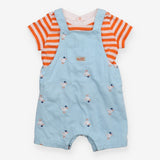 Outfit blue dungarees orange stripe SS tee seagull