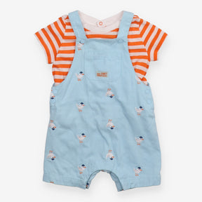 Outfit blue dungarees orange stripe SS tee seagull