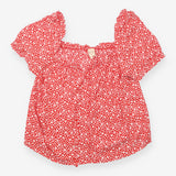 Blouse Red Ditsy Daisy Print Puff Sleeve Tie Front