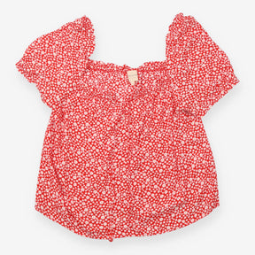 Blouse Red Ditsy Daisy Print Puff Sleeve Tie Front