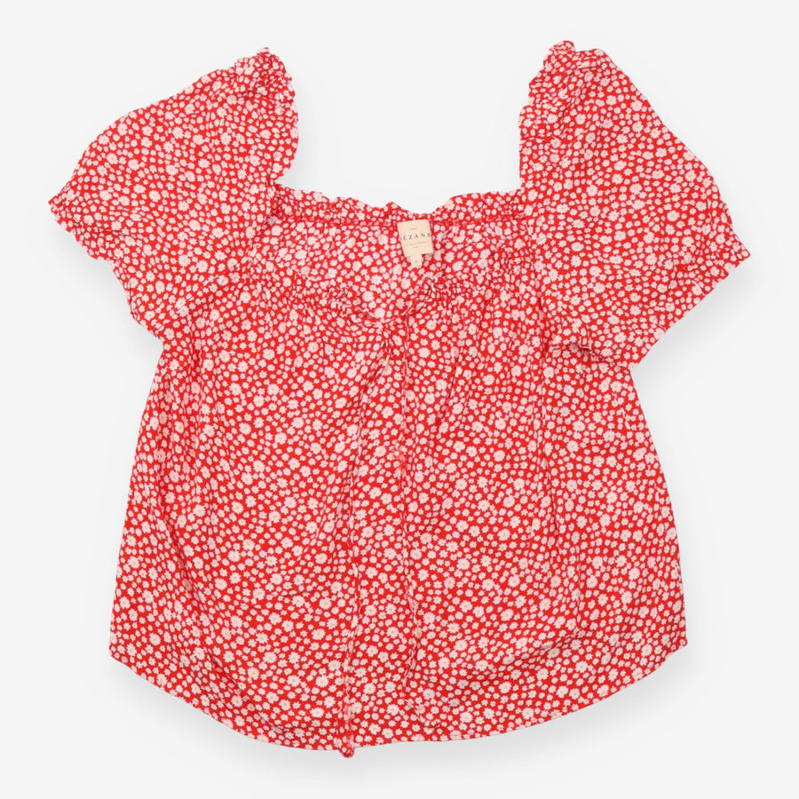 Blouse Red Ditsy Daisy Print Puff Sleeve Tie Front