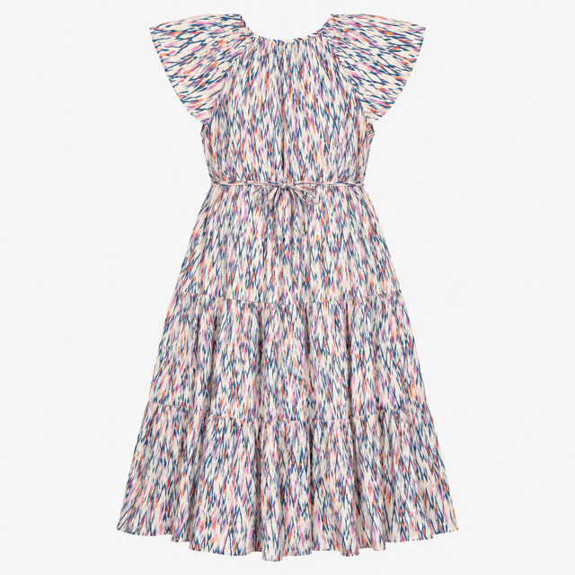 Dress Printed White Mix Short Sleeve Midi Belted
