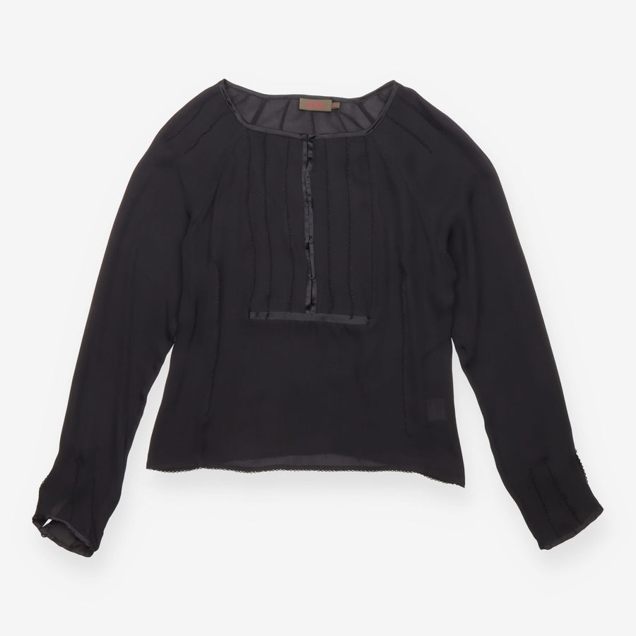 Reiss Black Sheer Pleated Front Long Sleeve Blouse