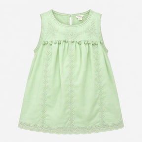 Mint Green 100% Cotton Floral Embroidered Pom Pom 