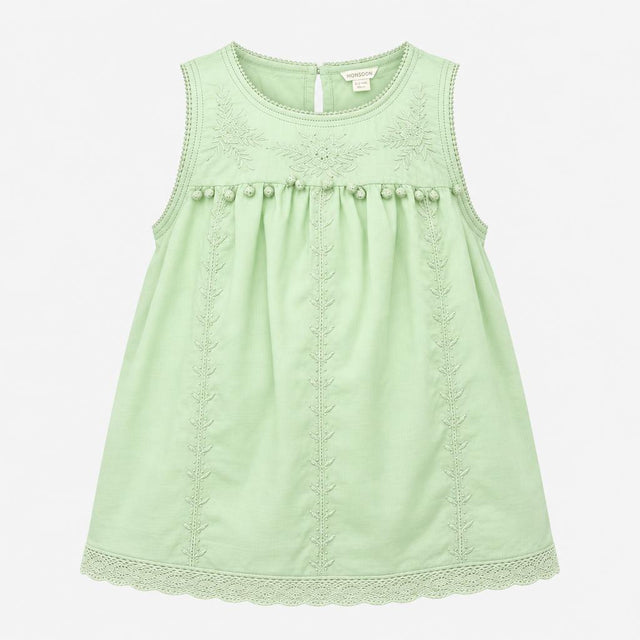 Mint Green 100% Cotton Floral Embroidered Pom Pom 