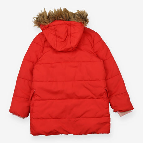 Coat puffer red fur round hood fleece lined toggle