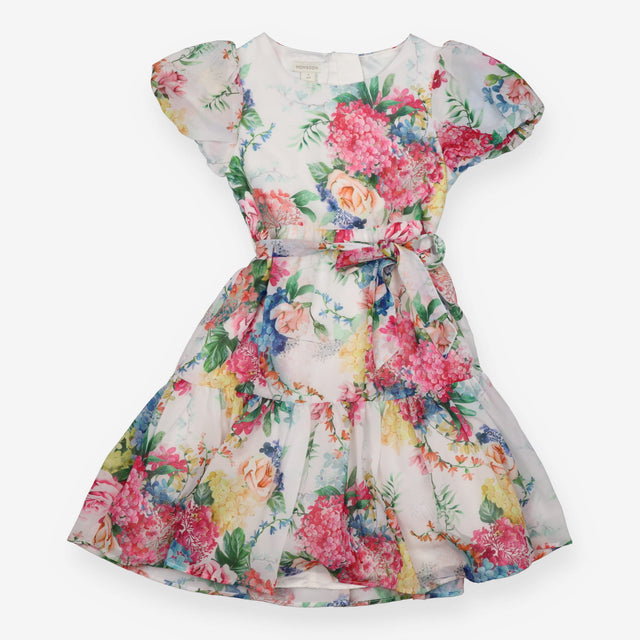 Dress Short Sleeve White Floral with Waist Tie