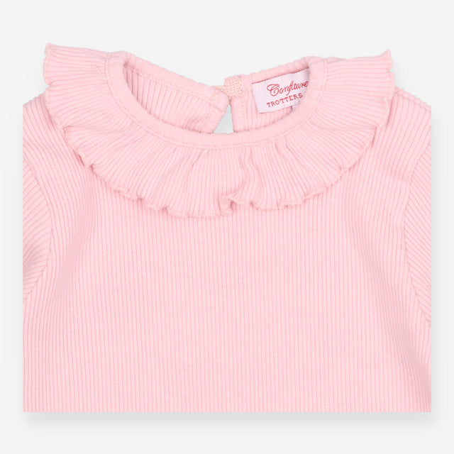 Top long sleeve ribbed pink ruffle collar